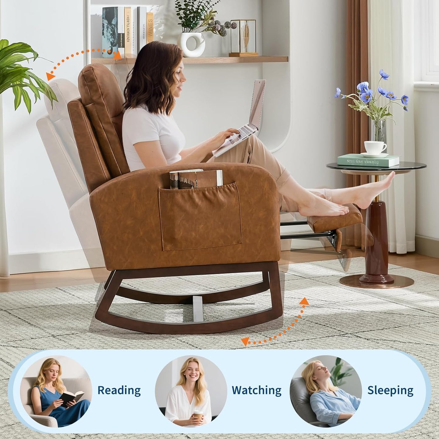 Modern Nursery Rocking Chair, Teddy Upholstered Rocking Chair with Footrest, Comfortable Rocker Recliner with Side Pocket, Rocker Glider for Living Room, Bedroom, Nursing Room