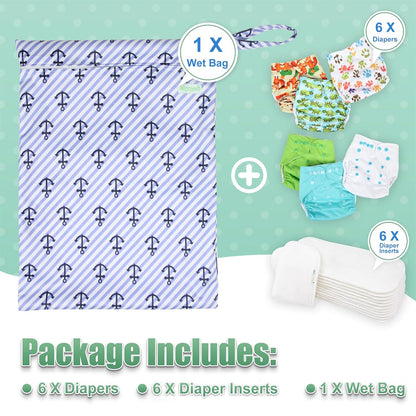 wegreeco Cloth Diapers 6 Pack with 6 Inserts & 1 Wet Bag, Washable Cloth Diapers for Babies, One Size Adjustable Reusable (Flower)