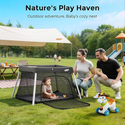 Pamo Babe Travel Crib with Bassinet, Certified Baby Safe Portable Crib, Extra Large Portable Playpen with Mattress & Zipper Door, Lightweight Foldable Pack and Play Baby Travel Bed - Grey
