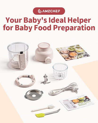AMZCHEF Baby Food Maker with Auto Steam & Blend, 9-in-1 Baby Puree Maker with Food-grade glass, BPA-Free & Easy Cleaning, Touch Screen, Dishwasher Safe, Off-white