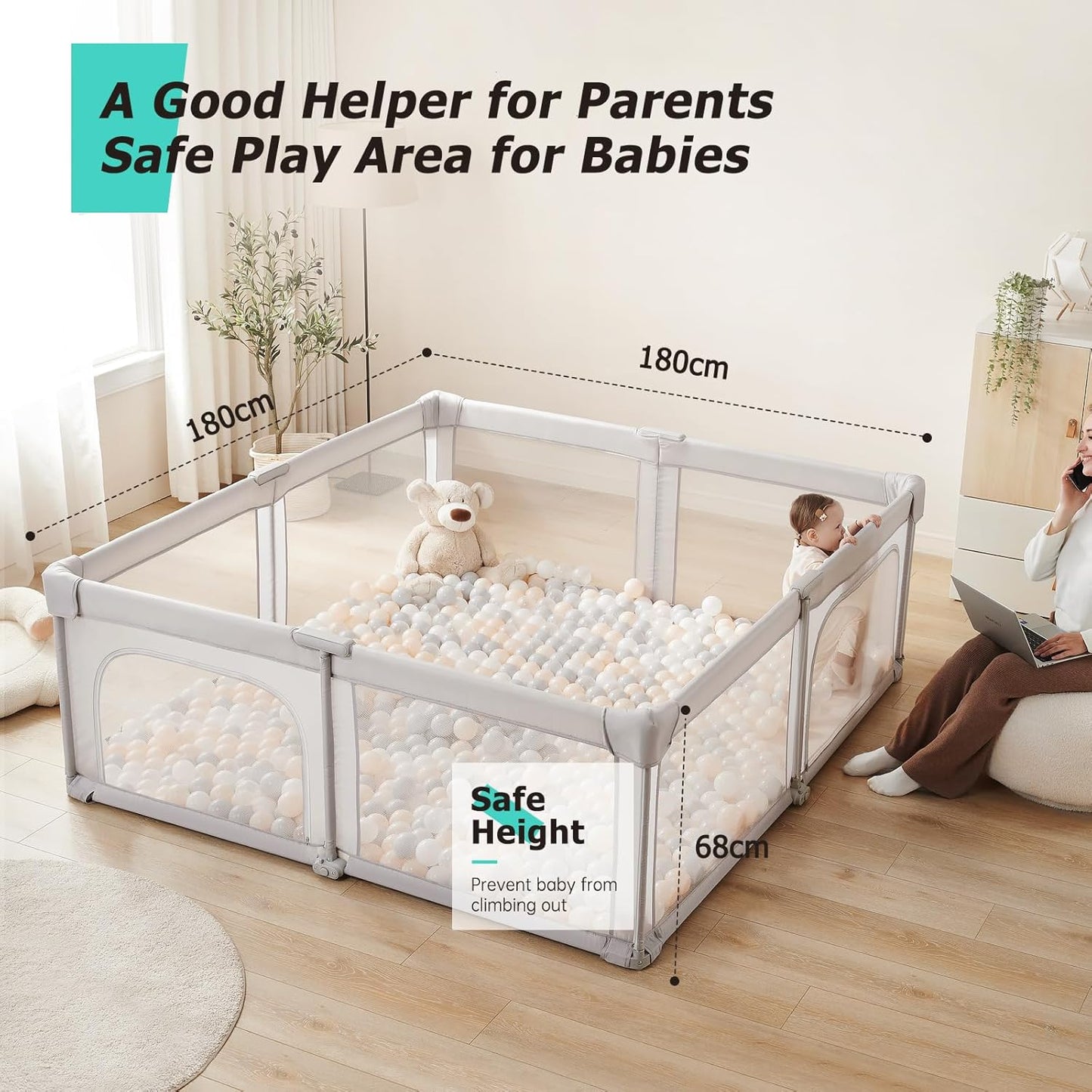 Doradotey Baby Playpen, Quick Setup Portable Baby Playard for Babies and Toddlers, Foldable Playpen Fence Indoors & Outdoor, Breathable Mesh Anti-Fall Play Pen 71x71, Grey