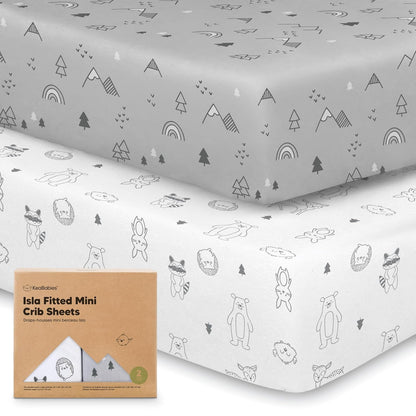 2-Pack Waterproof Pack and Play Sheets, Mini Crib Sheets Fitted for Boy, Girl - 38 x 26 Viscose from Bamboo Pack N Play Mattress Sheets for Graco, Toddler Playard Baby Crib Sheets Neutral (Blue Flax) - Colors B