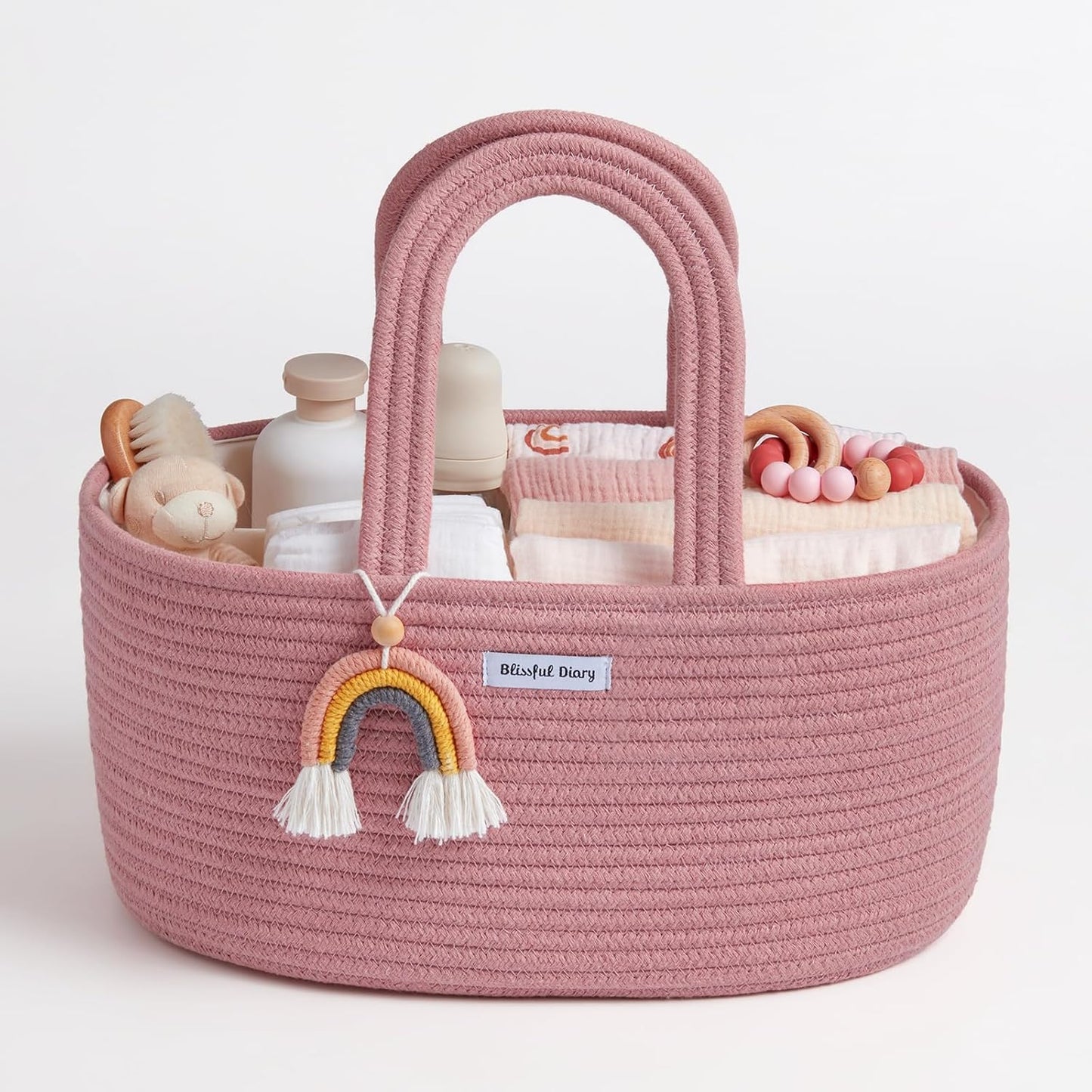 Blissful Diary Baby Diaper Caddy Organizer, Cotton Rope Diaper Caddy Basket, Large Storage Basket for Newborn Boys and Girls, Gift for Baby Shower List, Newborn Essentials, Earthy Rainbow