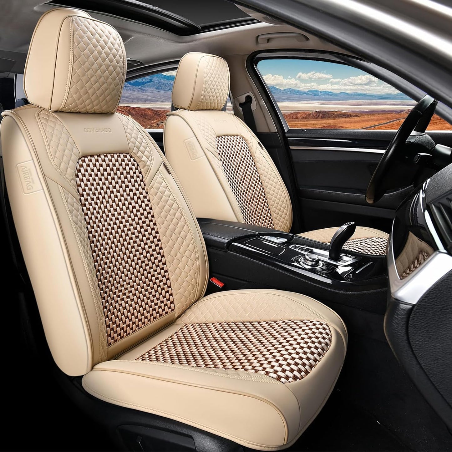 Coverado Leather Seat Covers for Car, Waterproof Car Seat Covers Full Set, 2 in 1 Conversions Car Seat Cover Protector Car Accessories Universal Fit for Most Cars SUVs and Trucks Beige