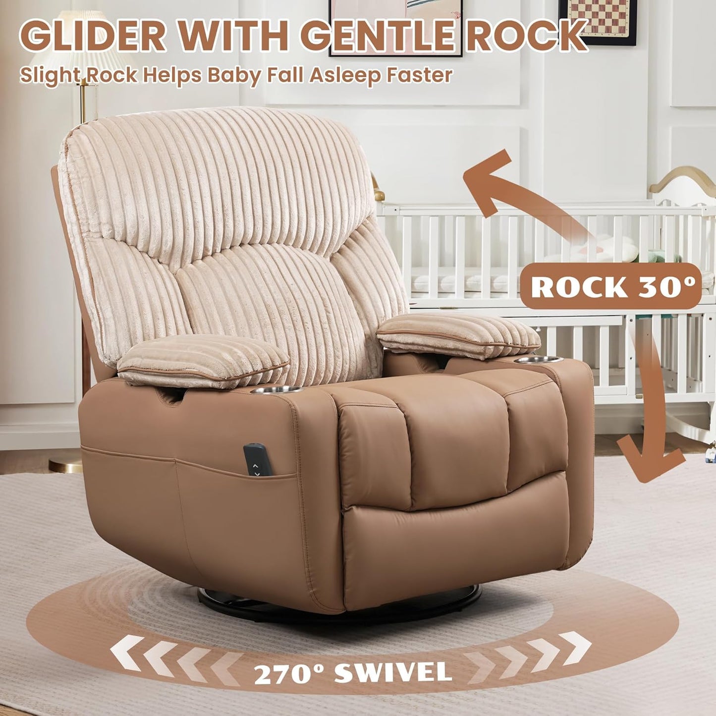 GRAINELL Oversize Power Swivel Recliner, 40in Wide Electric Glider Rocking Chair with Headrest Adjustment, USB Port, 270° Swivel, Rock 30° – for Living Room, Nursery, Black (5" 7' to 6" 1' Height)
