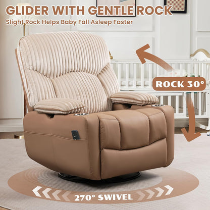 GRAINELL Oversize Power Swivel Recliner, 40in Wide Electric Glider Rocking Chair with Headrest Adjustment, USB Port, 270° Swivel, Rock 30° – for Living Room, Nursery, Black (5" 7' to 6" 1' Height)
