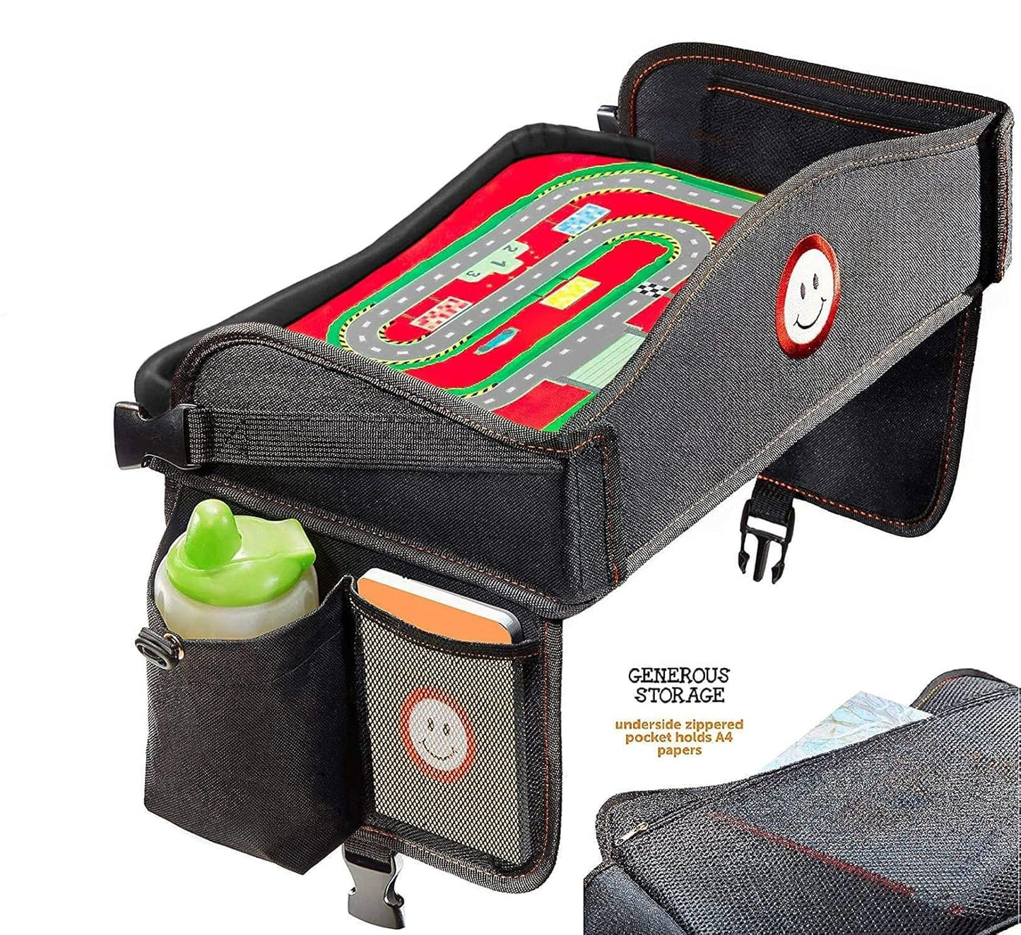 Coolmum Kids Travel Tray, Toddler Car Seat Tray, Double Sided Activity Organizer, Snack Lap Tray, Baby Stroller Table, Airplane Play Table, Waterproof and Foldable (Premium Red)