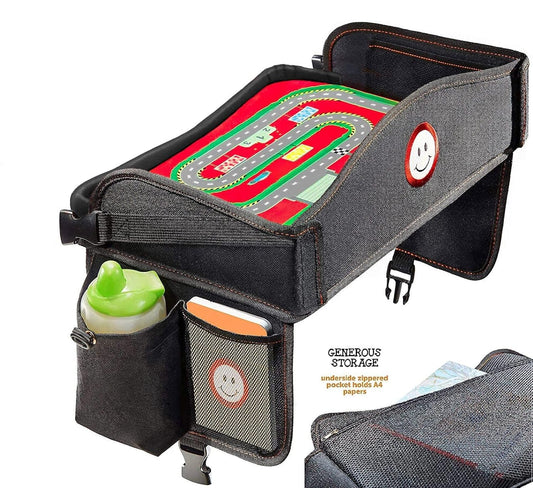 Coolmum Kids Travel Tray, Toddler Car Seat Tray, Double Sided Activity Organizer, Snack Lap Tray, Baby Stroller Table, Airplane Play Table, Waterproof and Foldable (Premium Red)