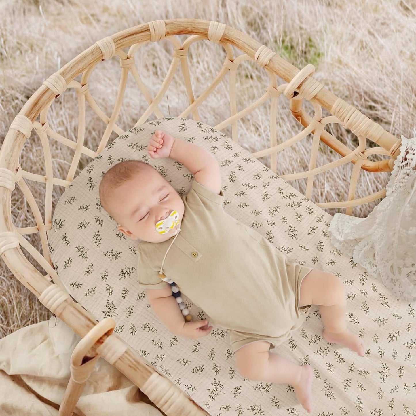 lulumoon Baby Bassinet Sheets Muslin: Cotton Bedside Bassinet Sheets Leaf for Boys - Fitted for Bedside Sleeper Mattress