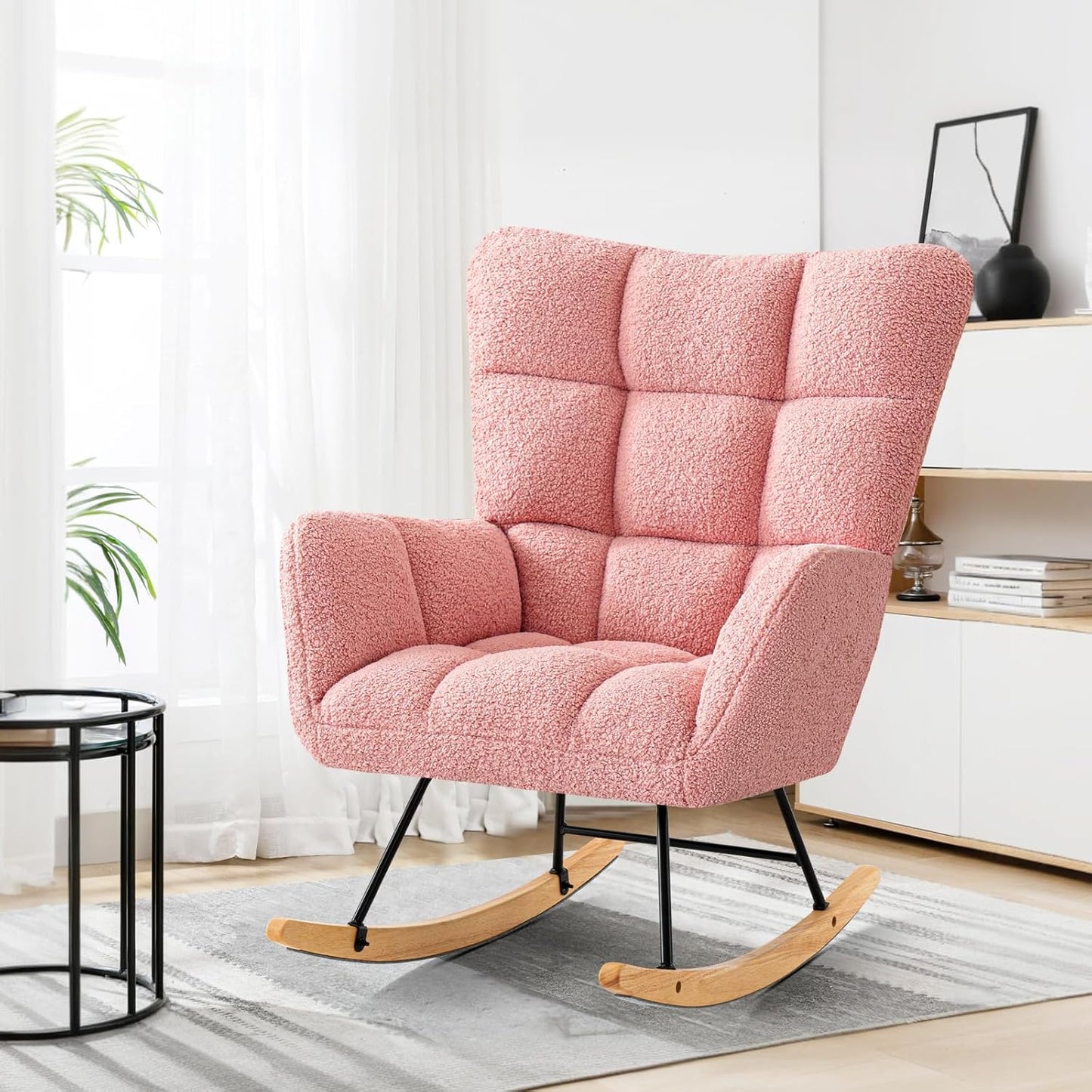 Furniliving Nursery Rocking Chair Upholstered Glider Rocking Chair Modern Accent Chair Padded Seat Reading Chair with High Backrest Comfy Chair for Living Room, Bedroom, Nursery, Black, Teddy