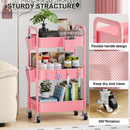 Beige 3 Tier Rolling Cart Metal on Wheels, Three Tiered Storage Organizer Utility Trolley with Wheels for Art, Craft, Baby Diaper Caddy, Snack, Book, Nail, Lash, Cleaning Supplies, Kitchen, Bathroom