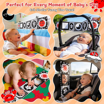 High Contrast Baby Toys for Newborn – Black White Tummy Time Mirror Toy, Crinkle Sensory Baby Book 0-6 Months for Newborns, Attach to Crib/Stroller/Car Seat