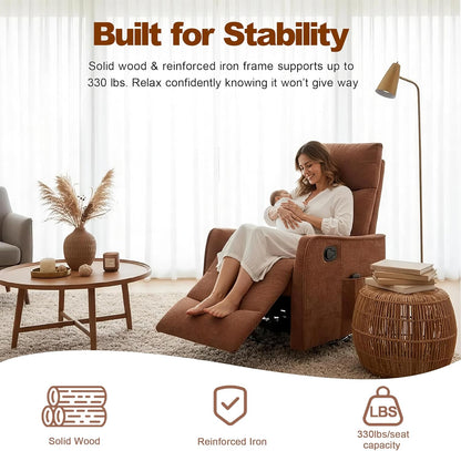 Casaphoria 360° Swivel Rocking Recliner Chair with Heat and Massage Upholstered Fabric Nursery Glider with Side Pocket for Living Room,Bedroom,Home Theater and RV Small Space(Light Gray)