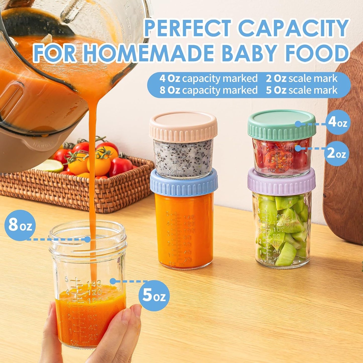 DRKIO 6 Pack Glass Baby Food Storage Containers - 4 Oz Baby Food Jars with Lids Baby Food Maker Microwave Dishwasher Freezer Safe 100% Leak Proof BPA Free Reusable