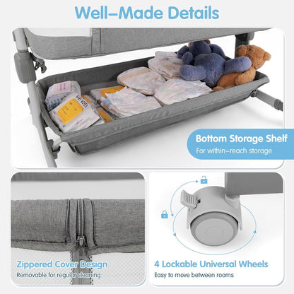 INFANS 3 in 1 Baby Bassinet, Bedside Sleeper with Comfy Mattress, Wheels, 6 Height Adjustable, Storage Basket, Travel Bag, Portable All Mesh Crib for Newborn Infant (Dark Grey)