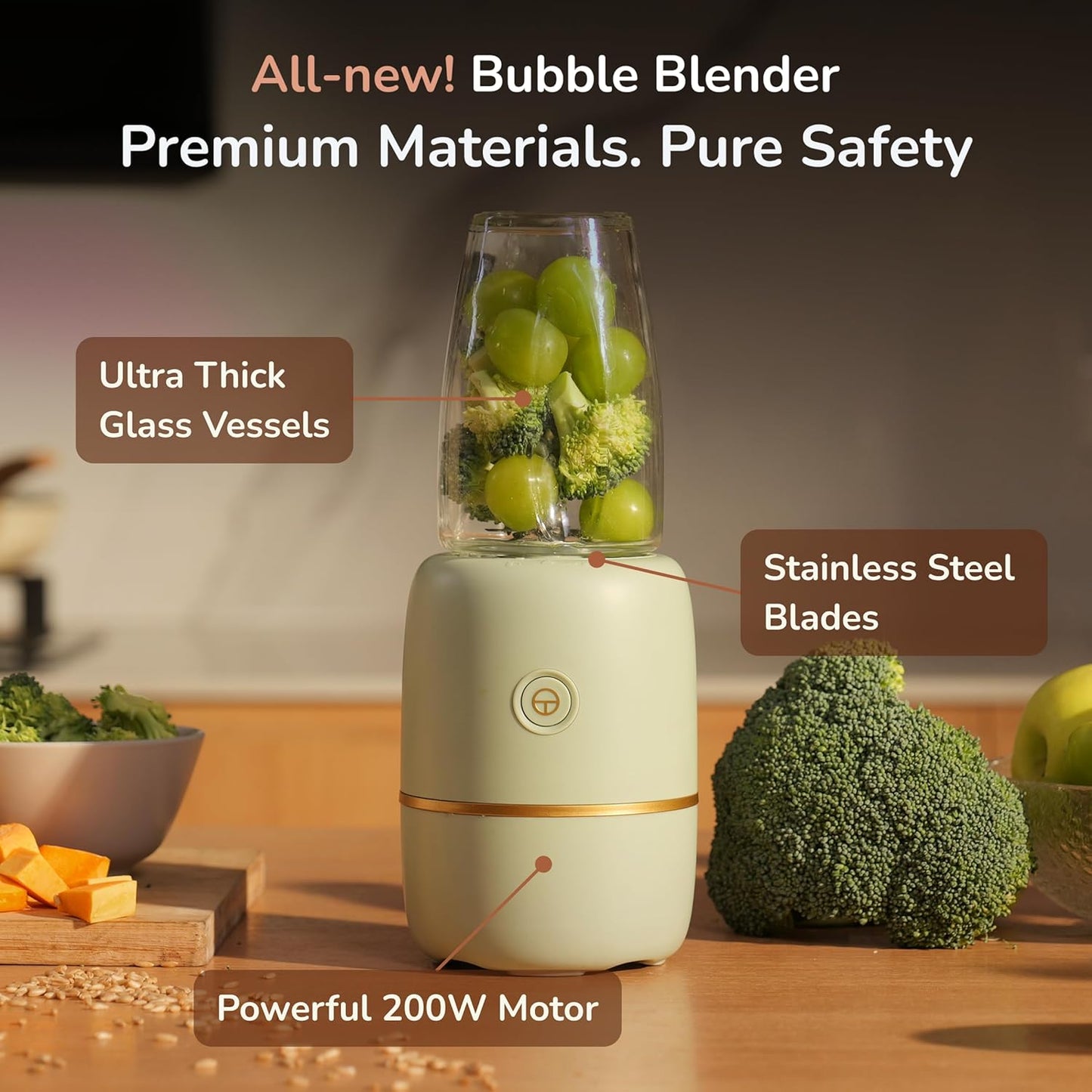 Bubble Blender, Baby Food Maker & Puree Blender with 2 Borosilicate Glass Cups, Compact Baby Bullet for Smoothies, Hands-Free One-Touch, 200W Motor, Rose