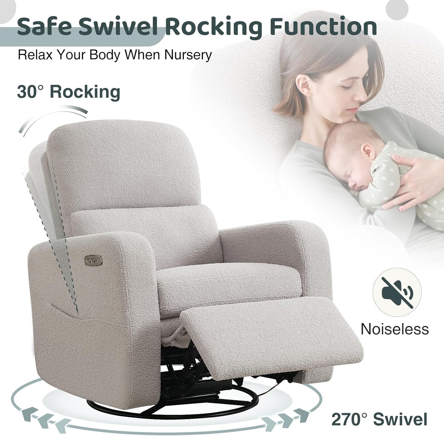 Swivel Rocker Recliner, Oversized Boucle Glider Recliner Nursery, Manual Swivel Rocking Reclining Chairs with Removable Cushion and Lumbar Support for Nursery Living Room Bedroom, Teddy White