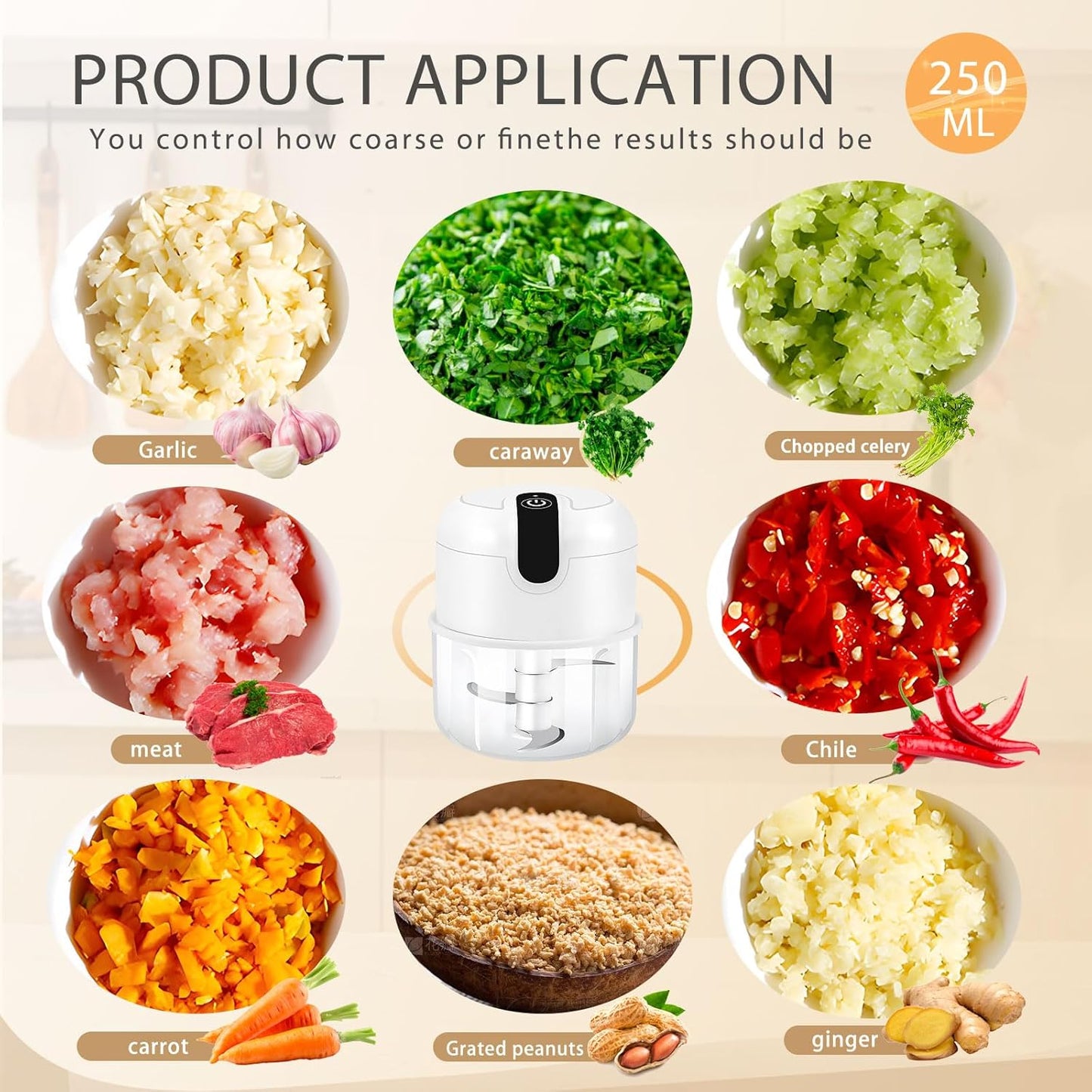 EASYSPEED Electric Garlic Chopper 1Cup, Mini USB Charging Wireless Food Processor with 304 Stainless Steel, 3 Sharp Blades, Portable Kitchen Meat Grinder for Onion, Garlic, Ginger, Baby Food