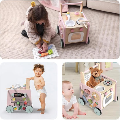 wiqins Wooden Baby Walker 9-in-1 Activity Center with Toddlers Montessori Sensory Toys and Play Kitchen Push Walker for Kids with Wheels and Storage Space, Ideal Gift for Girls Boys Ages 6-36 Month