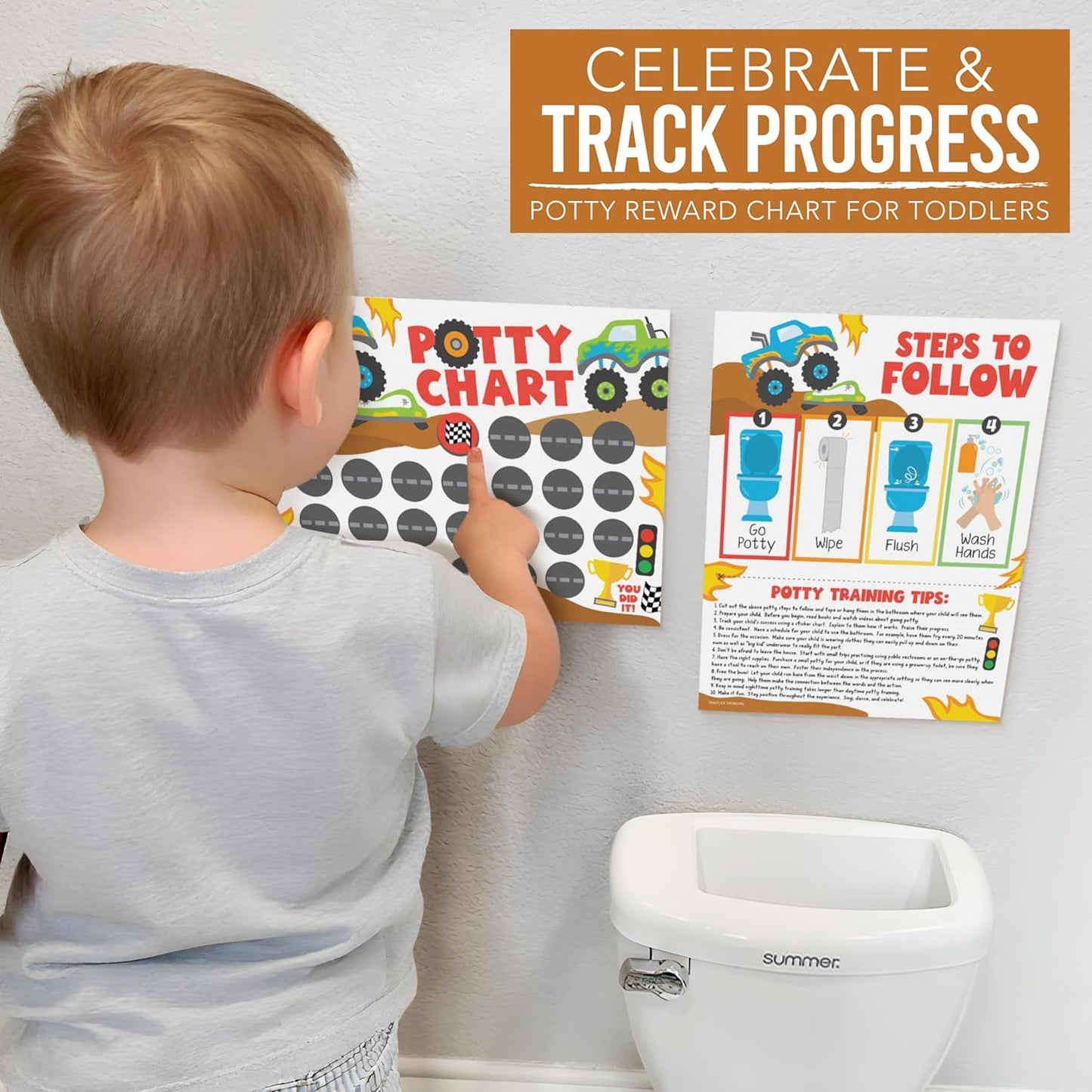 Hadley Designs Potty Training Chart for Toddlers Boys -10 Sticker Potty Chart for Toddlers Boys, 8.5x11" Potty Training Sticker Charts for Toilet Success, Monster Truck Toddler Reward Chart for Kids