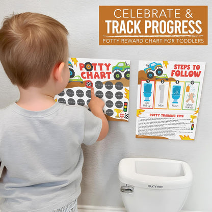 Hadley Designs Potty Training Chart for Toddlers Boys -10 Sticker Potty Chart for Toddlers Boys, 8.5x11" Potty Training Sticker Charts for Toilet Success, Monster Truck Toddler Reward Chart for Kids