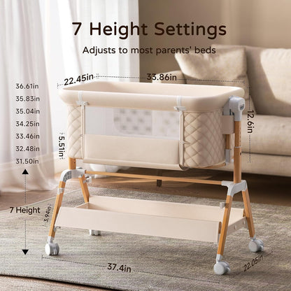 3 in 1 Baby Bassinet Bedside Sleeper,Bedside/Rocking Bassinet for Baby with Waterproof Comfy Mattress and Lockable Wheels,7 Adjustable Height, Easy Folding Portable Crib for Newborn-Khaki