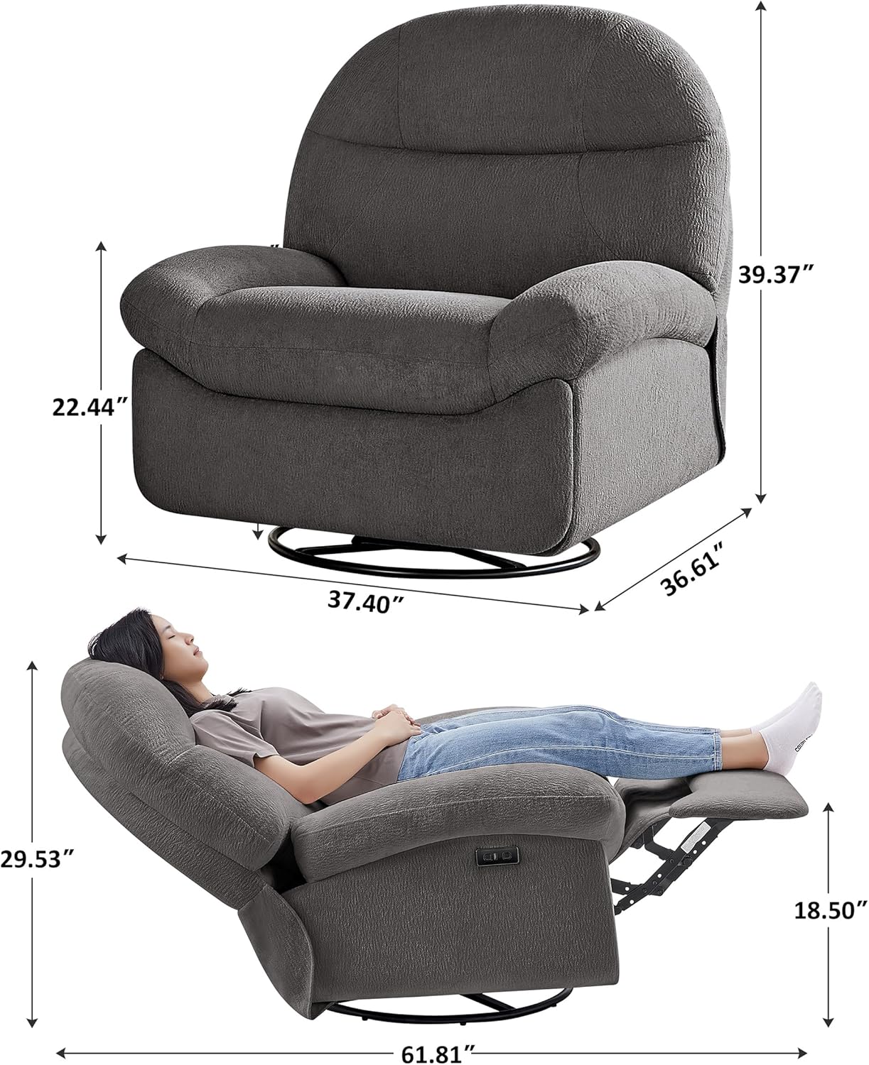 VANOMi Power Recliner Chair with USB & Type-C Charging, 270° Swivel Glider Rocker, Electric Nursery Recliner for Living Room, Bedroom, and Office, White