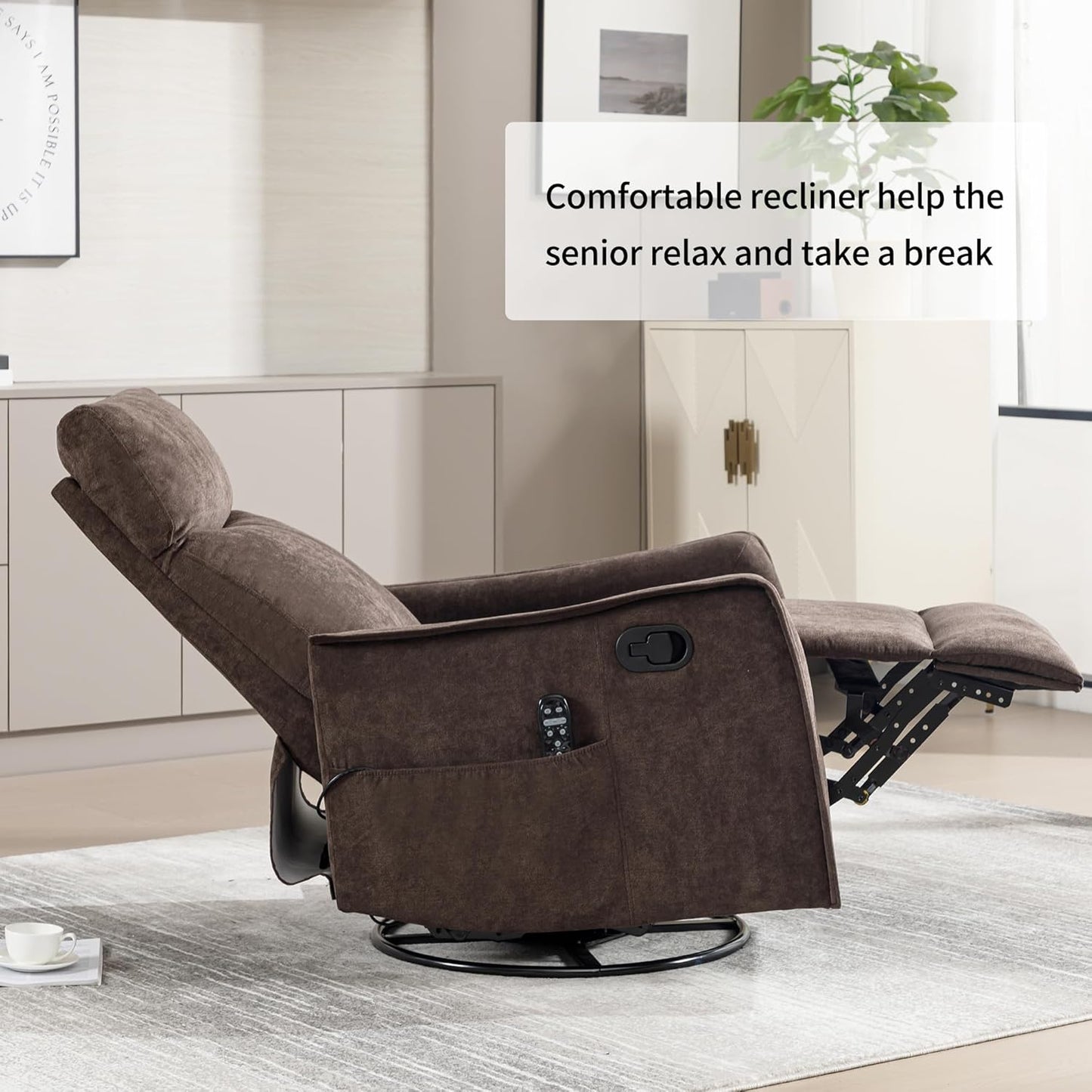 Swivel Rocker Recliner Chair for Adults, Nursery Rocking Chair with Heat and Massage, Glider Reclining Chair for Small Space Living Room Bedroom, Faux Leather Black