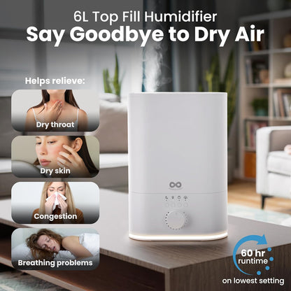 Everlasting Comfort 2.5L Top Fill Humidifier for Bedroom – Quiet, Easy to Fill & Clean, 24HR Runtime, Night Lights, Timer, Ultrasonic Cool Mist, Auto Shut-Off, Essential Oil Diffuser - White