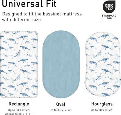 Muslin Bassinet Fitted Sheets 2 Pack, Soft Breathable Cotton Baby Bassinet Mattress Sheet Set, 360° Elastic Snug Fit, Universal for Oval, Rectangle & Hourglass Cradle, Unisex Baby Bedding (Cute Cars)
