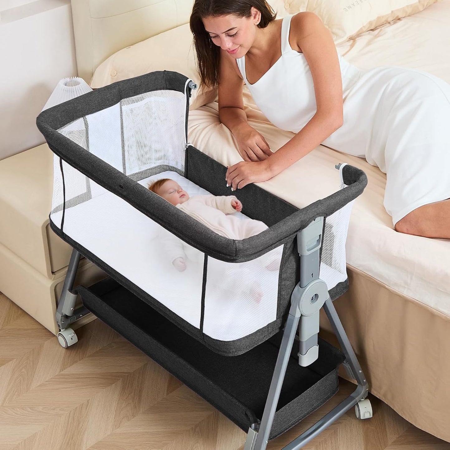 3-in-1 Baby Bassinet Bedside Sleeper with Wheels Bedside Bassinet for Newborn and Infant with Mattress and Storage Basket | Adjustable Height & Angle (13.5-18") | ASTM/CPSIA Certified (Pink)