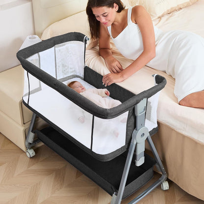 3-in-1 Baby Bassinet Bedside Sleeper with Wheels Bedside Bassinet for Newborn and Infant with Mattress and Storage Basket | Adjustable Height & Angle (13.5-18") | ASTM/CPSIA Certified (Pink)
