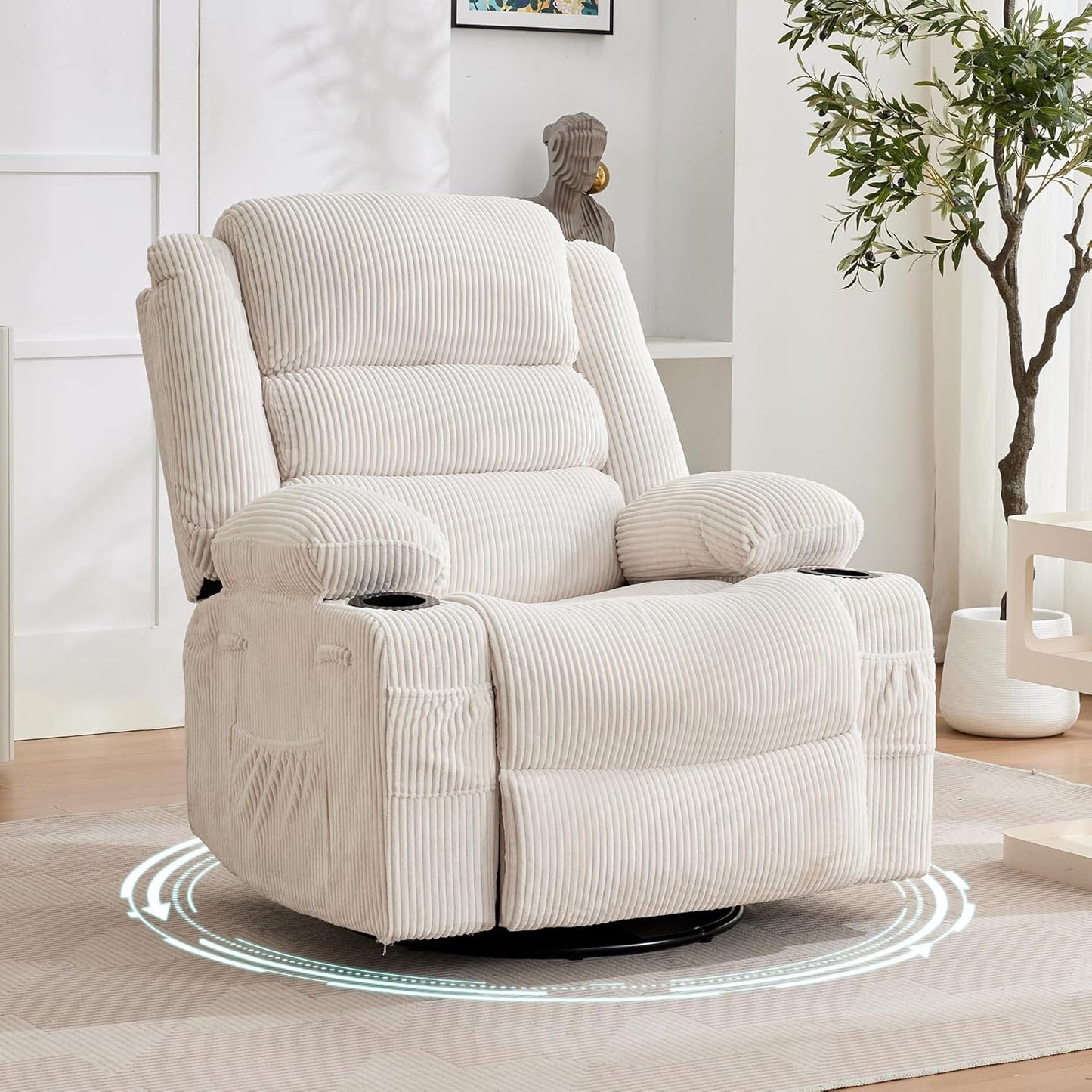 Rocking Recliner Chair for Adults Wide 360° Swivel Rocker Recliner with Cup Holder Nursery Glider with Upholstered Deep Seat Linen Lazy boy Chair for Living Room Browm
