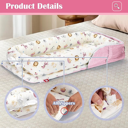Baby Lounger for Newborns & Infants 0–24 Months, 100% Cotton Breathable Infant Support Cushion with Adjustable Size, Portable Baby Nest for Home and Travel, Baby Shower Gift (Animal World Pink)