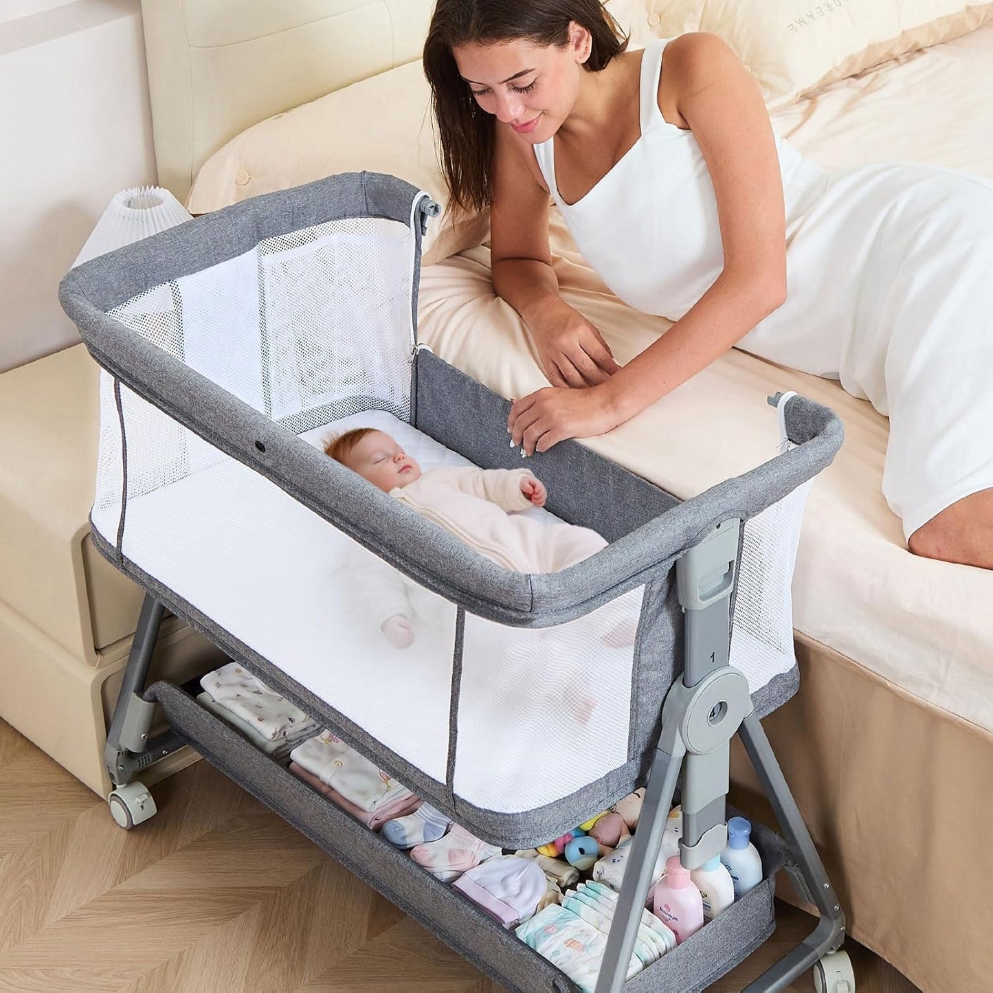 3-in-1 Baby Bassinet Bedside Sleeper with Wheels Bedside Bassinet for Newborn and Infant with Mattress and Storage Basket | Adjustable Height & Angle (13.5-18") | ASTM/CPSIA Certified (Pink)