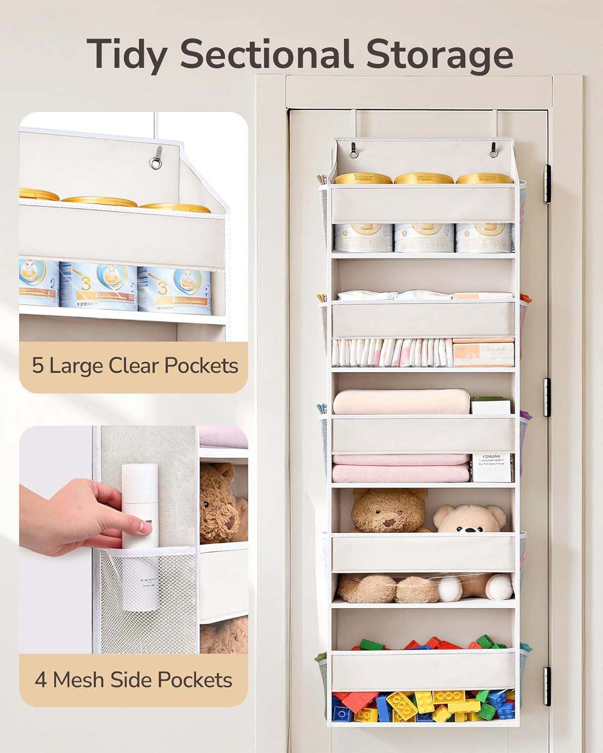ULG 1 Pack Over Door Organizer with 5 Large and 10 Mesh Side Pockets, 44 lbs Weight Capacity Hanging Storage with Clear Window Kids Toys, Shoes, Diapers, Dark Grey, 5 Layers
