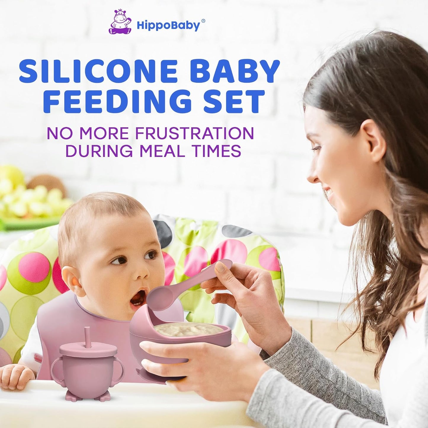 HippoBaby Baby Led Weaning Supplies | 10 Piece Silicone Baby Feeding Set | Baby Toddler Bib Cup Divided Plate and Bowl Self Feeding Spoons Dish Set | Baby Utensils | Toddler Feeding Supplies (Sky)