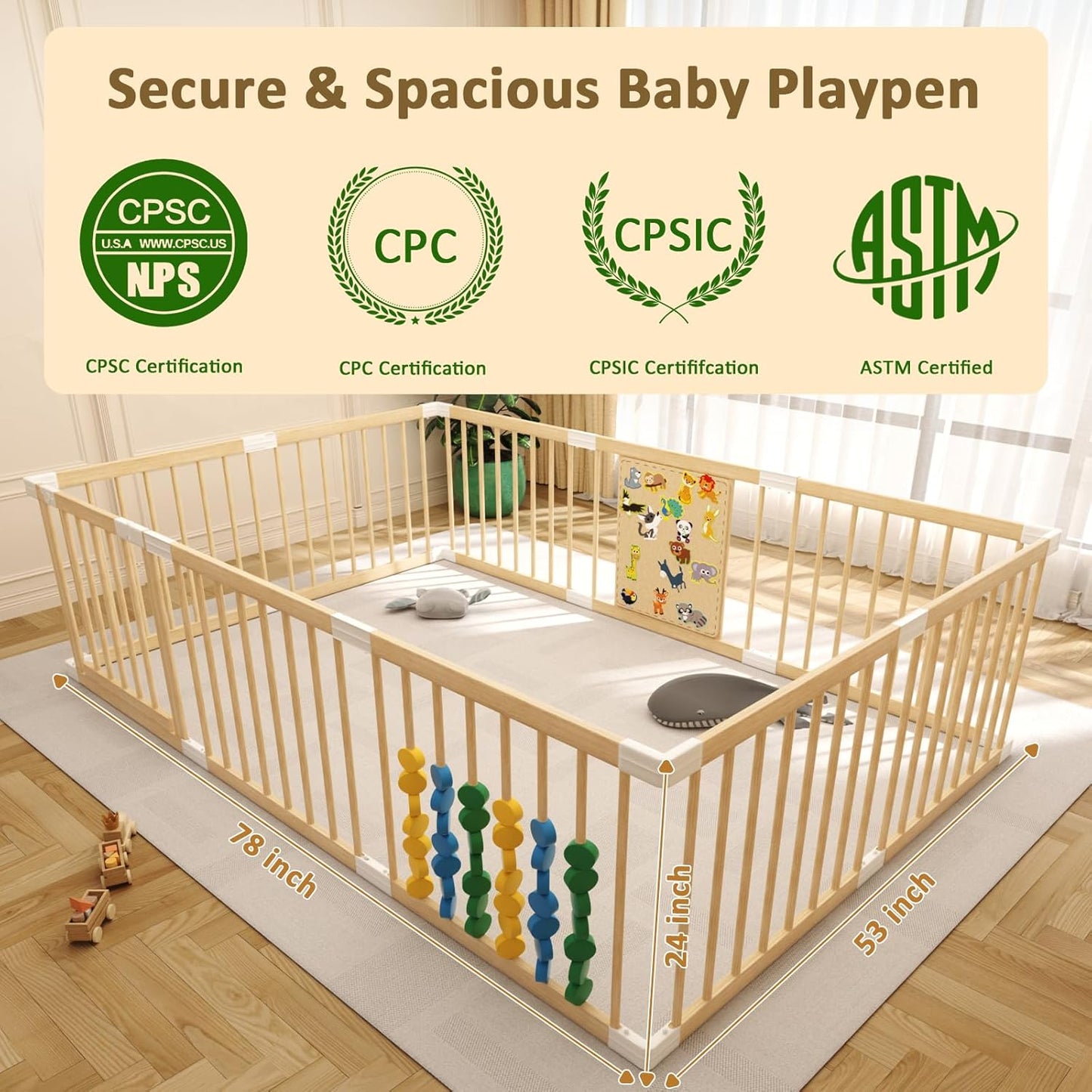 Extra Large Wooden Baby Playpen,Play Pen for Babies and Toddlers Kids Indoor,Security Playard Area Indoor,Easy to Assemble (73x73x24 Inch)