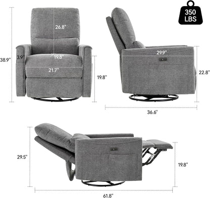 Power Swivel Rocker Recliner,Fabric Glider Recliner Nursery Chair,Small Rocking Chair,Single Reclining Sofa with Lumbar Support,USB&Type-C Ports,Living Room Home Threater Seat, Flint Grey