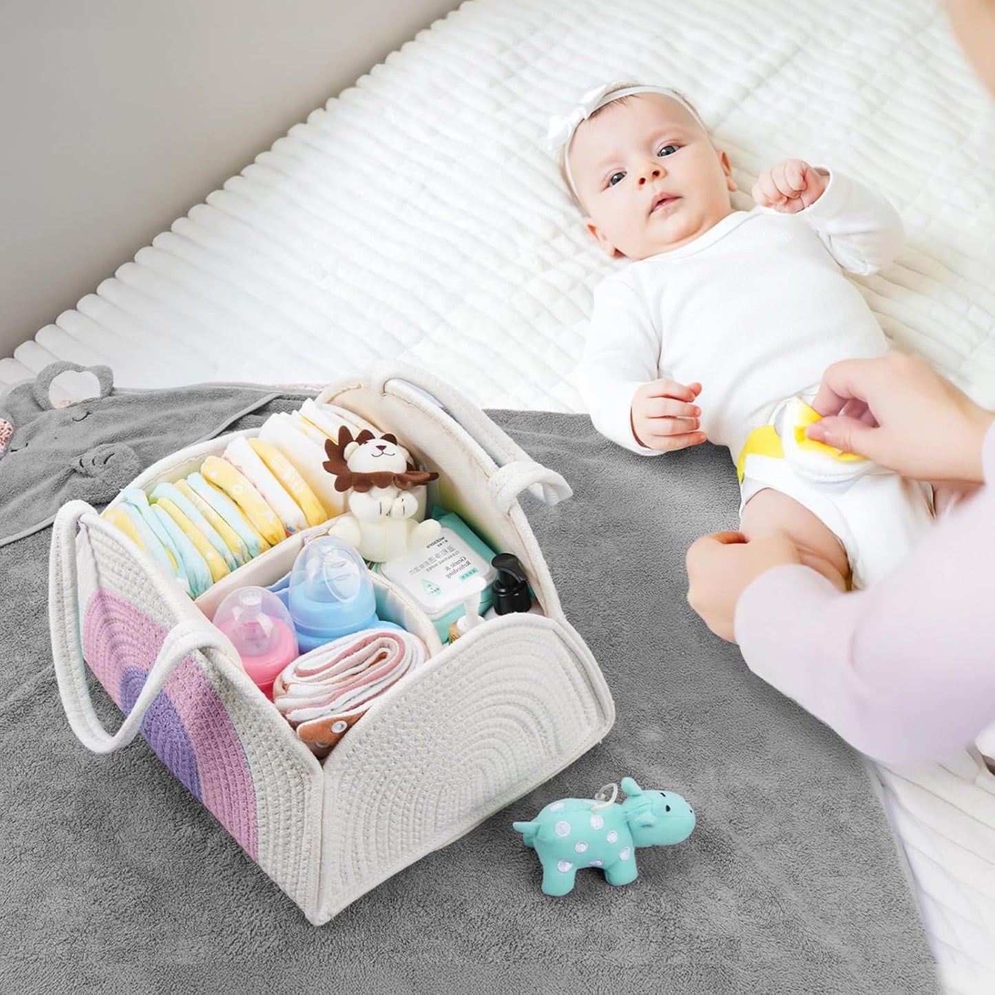 Baby Diaper Caddy- With Removable Dividers, Nursery Storage Bin and Car Organizer,Boy & Girl Shower Gift Basket,Portable Organizer,Nursery Essentials-Rainbow Purple
