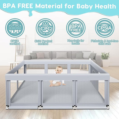 Fshibila 74" ×50" Large Baby Playpen, Baby Playard for Babies and Toddlers, Baby Fence Play Pens for Indoor & Outdoor, Sturdy Safety Play Yard with Soft Breathable Mesh, Anti-Fall, Grey