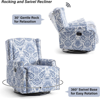Swivel Rocker Recliner Chair, Manual Nursery Glider Recliner, Floral Fabric Wingback Accent Chair with Adjustable Backrest & Footrest for Small Spaces Living Room Bedroom (Plants Floral, Set of 1)