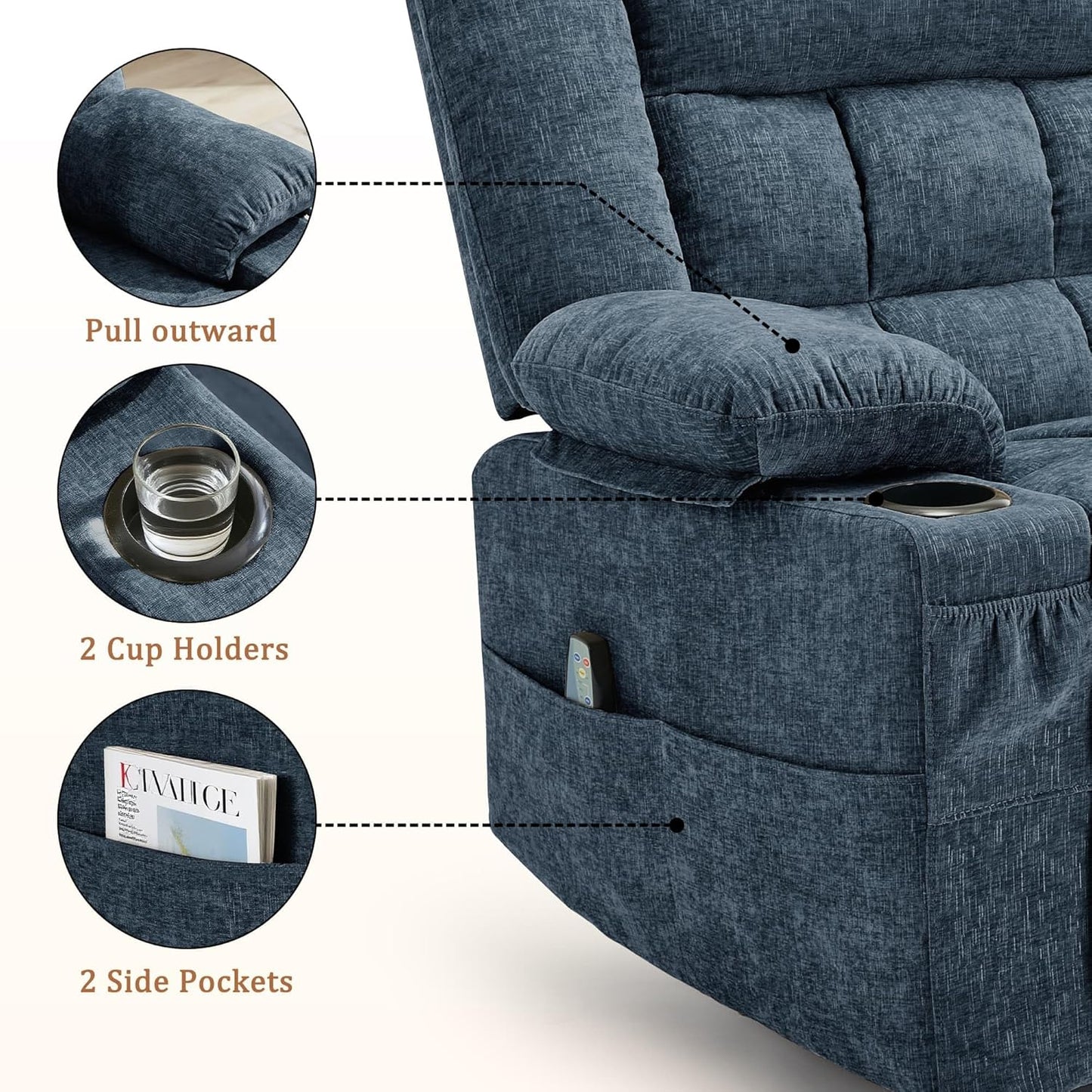 Korser 360° Swivel Rocker Recliner for Adults, Nursery Glider Recliner with Massage and Heating, Rocking Chair with Cup Holder, Manual Recliner Chair for Living Room, Bedroom (Fabric, Beige)