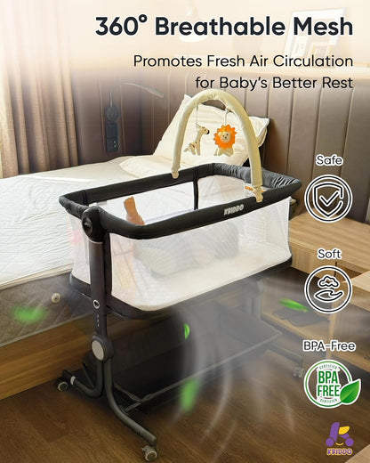 KRIDDO 2-in-1 Baby Bassinet for Infant, Bedside Bassinet with All-around Breathable Mesh, Lockable Wheels, Adjustable Height and Incline, Bedside Sleeper for Baby with Large Storage Basket, Light Grey