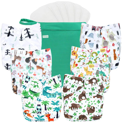 wegreeco Cloth Diapers 6 Pack with 6 Inserts & 1 Wet Bag, Washable Cloth Diapers for Babies, One Size Adjustable Reusable (Flower)