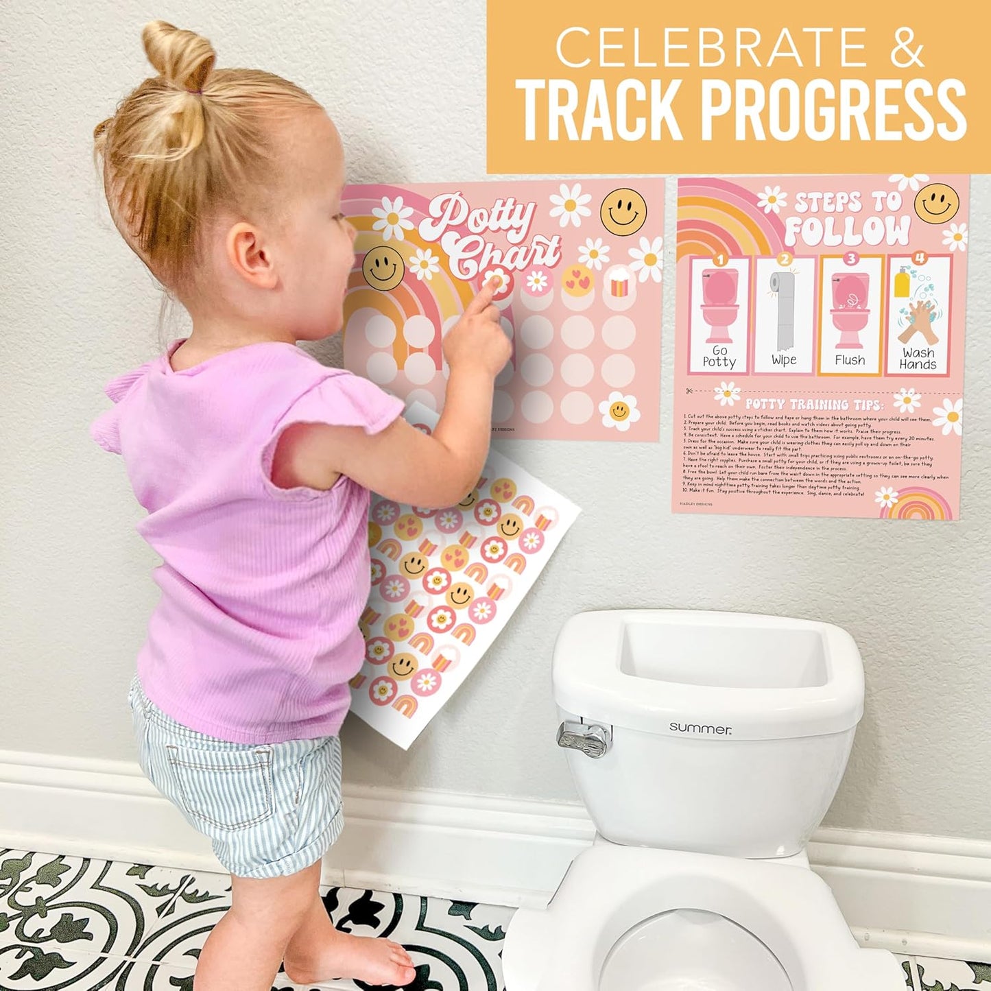 Hadley Designs Potty Training Chart for Toddlers Girls -10 Sticker Potty Chart for Toddlers Girls, 8.5x11" Potty Training Sticker Charts for Toilet Success, Unicorn Toddler Reward Chart for Kids