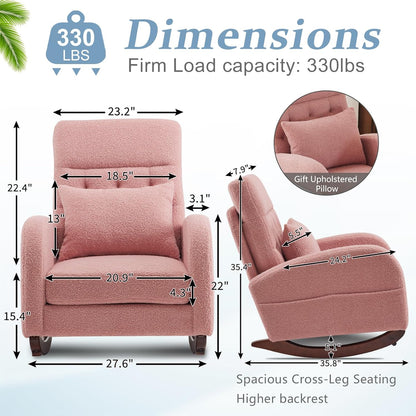VINGLI Teddy Fleece Low Seat Rocking Chair,Boucle Upholstered Nursery Glider Chair with Side Pockets,Accent Arm Chair with High Backrest,Comfy Head Rest,Solid Wood,For Living Room Bedroom Balcony,Pink