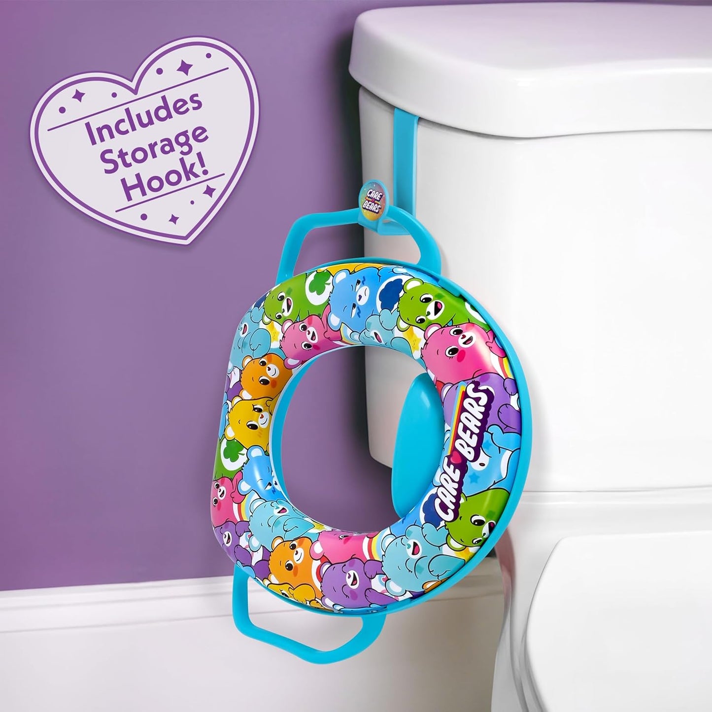 Care Bears Soft Potty Training Seat for Toilet with Storage Hook, Non-Slip Potty Ring with Splash Guard, Built-in Handles for Toddlers