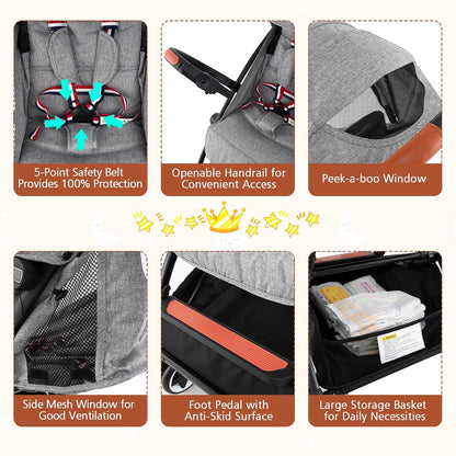 HONEY JOY Travel Stroller, One-Hand Quick Fold Lightweight Umbrella Stroller for Airplane, Wrist Wrap & Net, Multi-Position Recline, Overhead Friendly Compact Stroller for Newborn and Toddler(Gray)