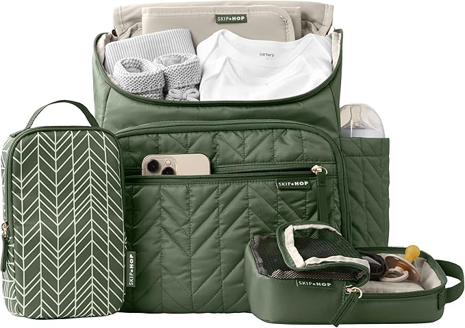 Skip Hop Diaper Bag Backpack: Forma, Multi-Function Baby Travel Bag with Changing Pad & Stroller Attachment, Sage